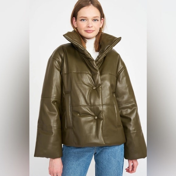 En Saison  Lana Vegan Leather Puffer Jacket Olive - Picture 1 of 3
